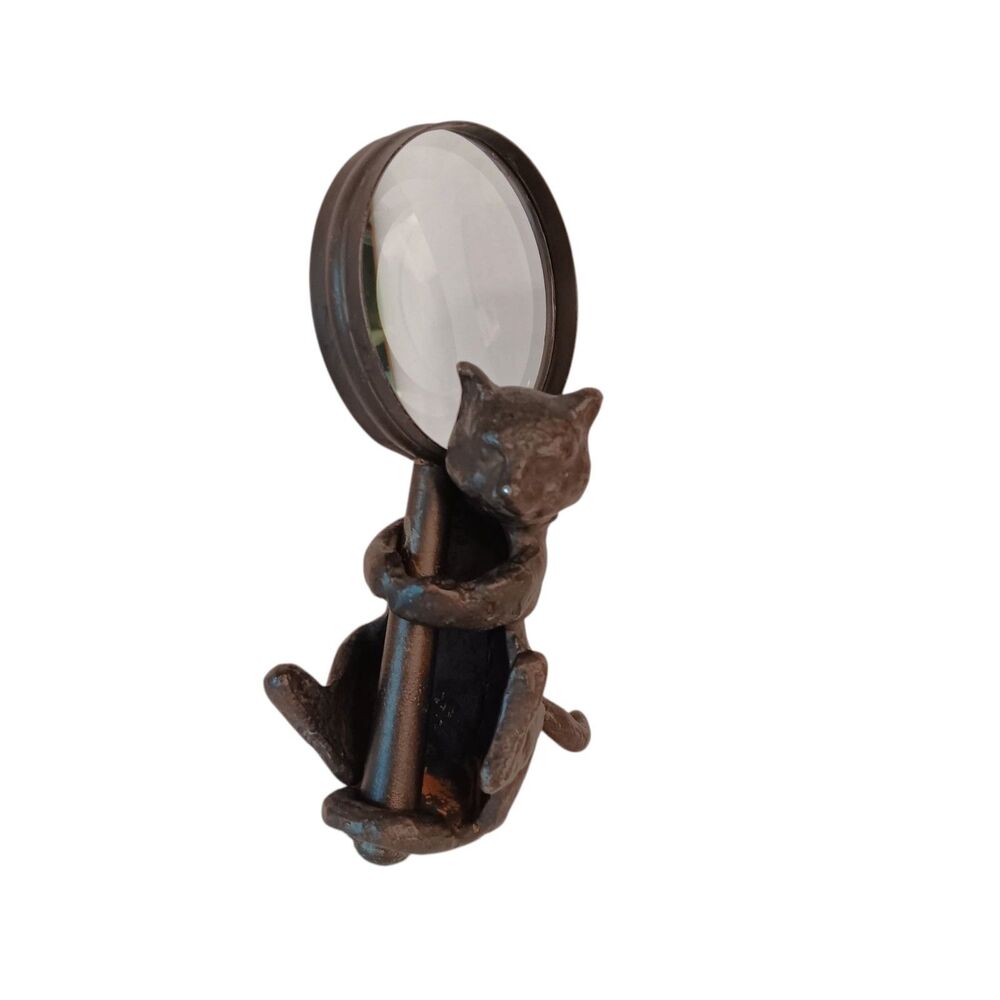 Vintage Cast Iron Black Cat Holding Magnifying Glass Paperweight 5.5" X 4"